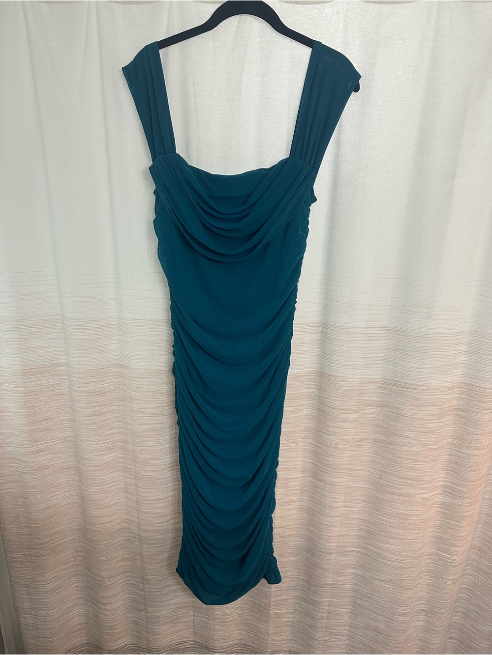 PrettyGarden Teal Ruched Midi Dress with Draped Neckline Size L